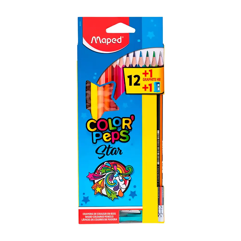 Paquete maped con 12 lápices de colores + 1 lápiz de grafito y 1 sacapunta de plástico / 329