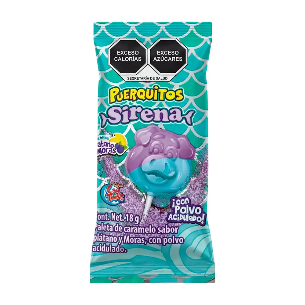1pza paleta de caramelo, puerquito sirena sabor plátano y mora azul con polvo acidulado, 18g / 140201