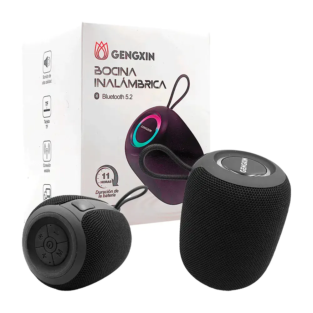 Bocina bluetooth gengxin pequeña cilíndrica en color nego con asa + luz rgb