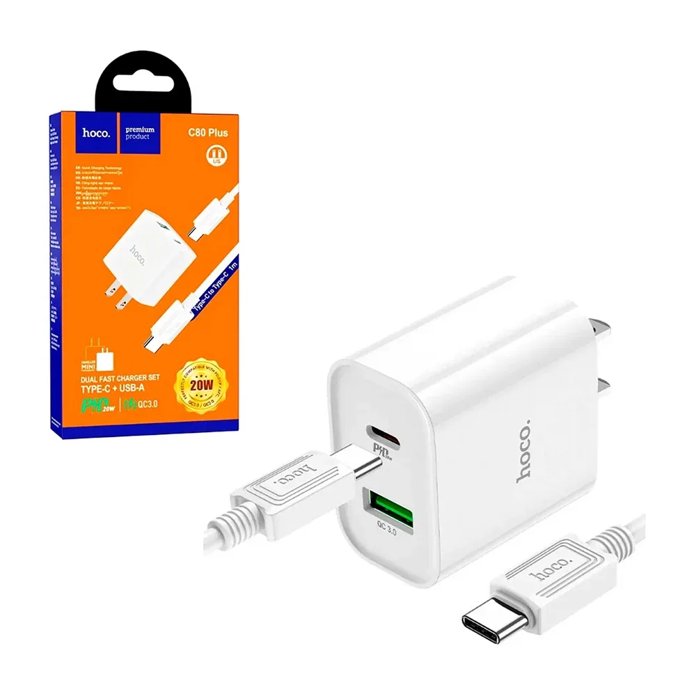 Combo cargador dual fast charge con entrada usb y usb-c + cable tipo c a c, 20w