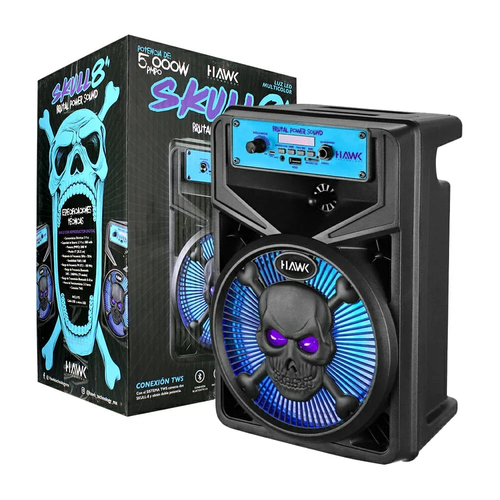 Bafle bocina hawk bluetooth de 8 pulgadas con diseño de cráneo calavera, conexión tws, luz y ranuras para sd y usb / skull-8