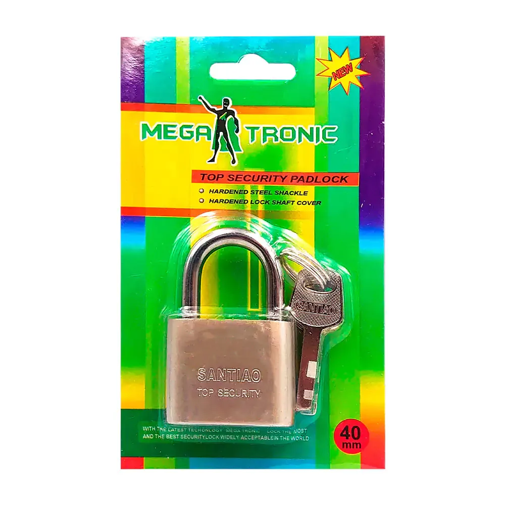 Candado satinado megatronic de gancho corto con juego de 3 llaves, 40mm