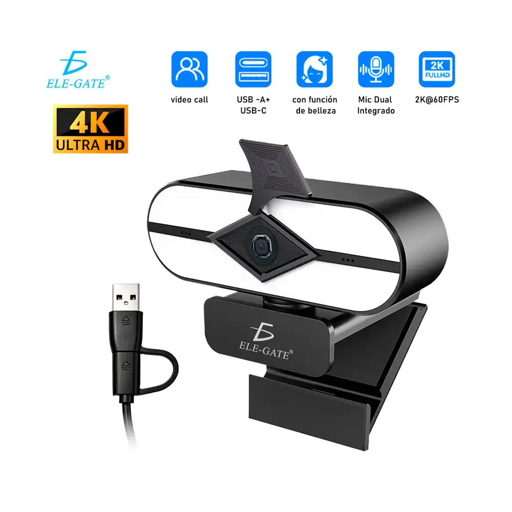 Cámara web 4k con luz led, micrófono dual + tapa de privacidad / web.hxg23
