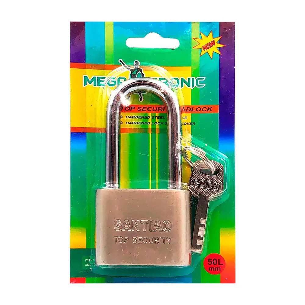 Candado satinado megatronic de gancho largo con juego de 3 llaves, 50Lmm