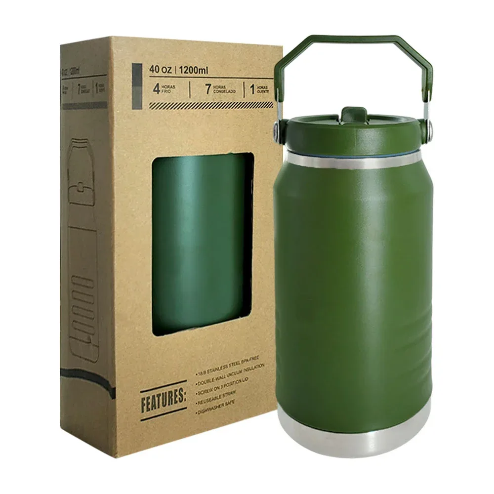 Termo de acero inoxidable, 40 oz con popote, agarradera y base metálica, variedad