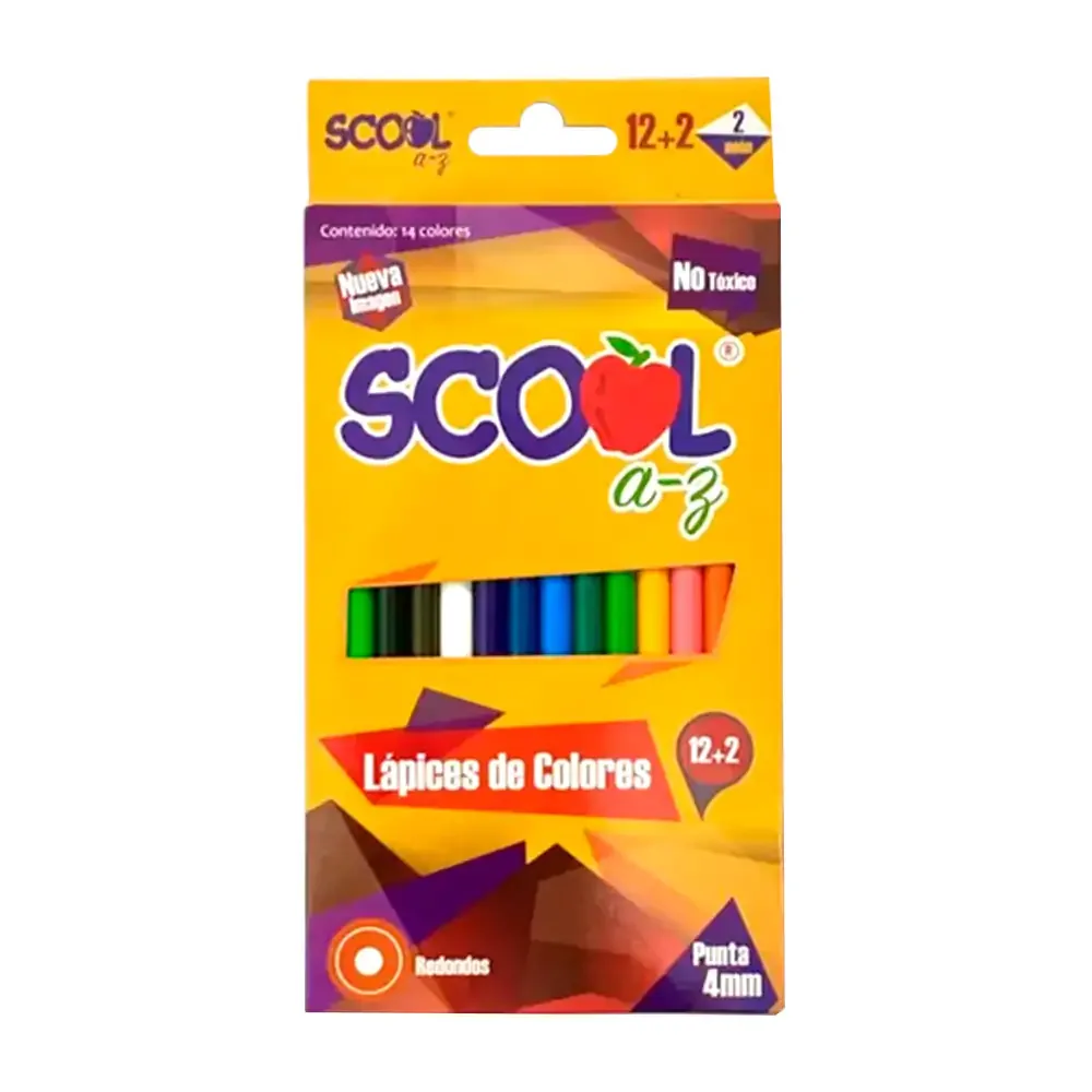 Paquete scool con 12 lápices de colores + 2 colores neón, variedad de colores