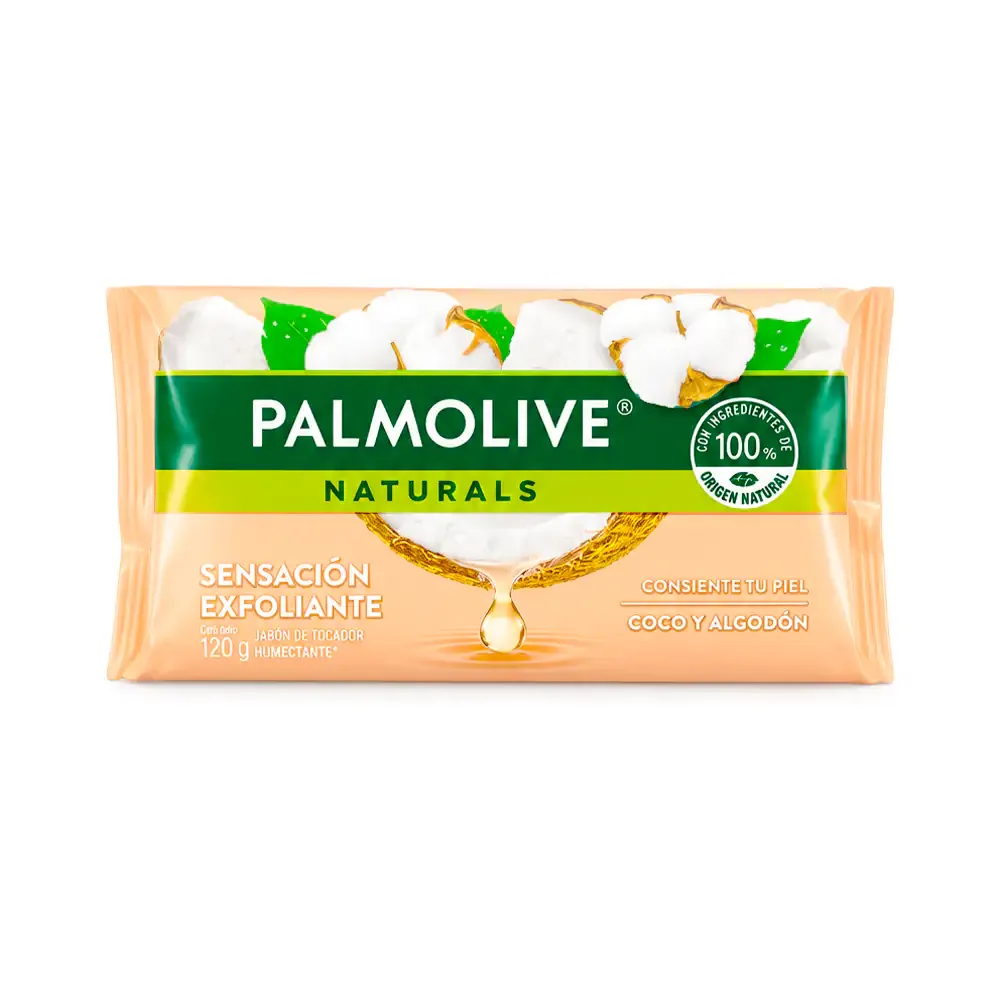1pza jabón en barra palmolive naturals con aroma coco y algodón, sensación exfoliante, 120g / 682310