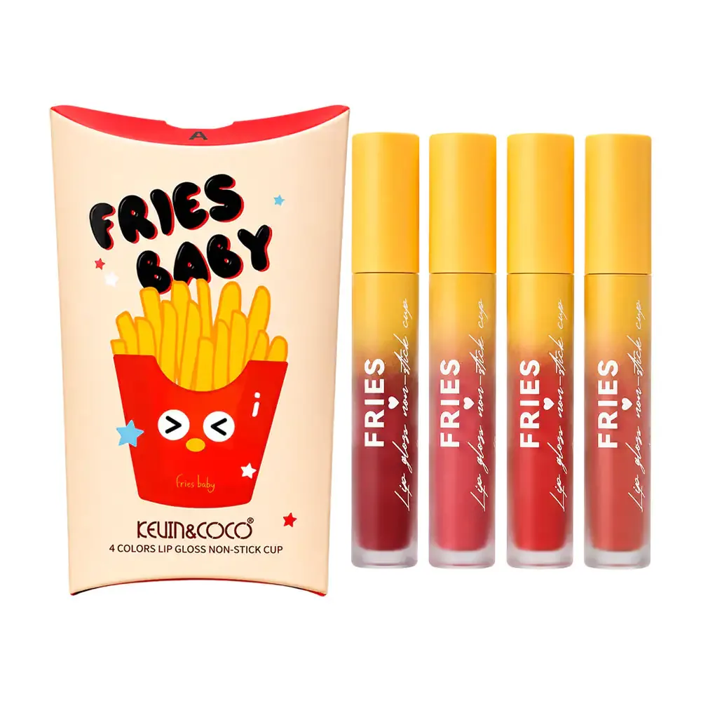 Paquete con 4 brillos de labios en colores sorpresa kevin&coco, línea fries baby