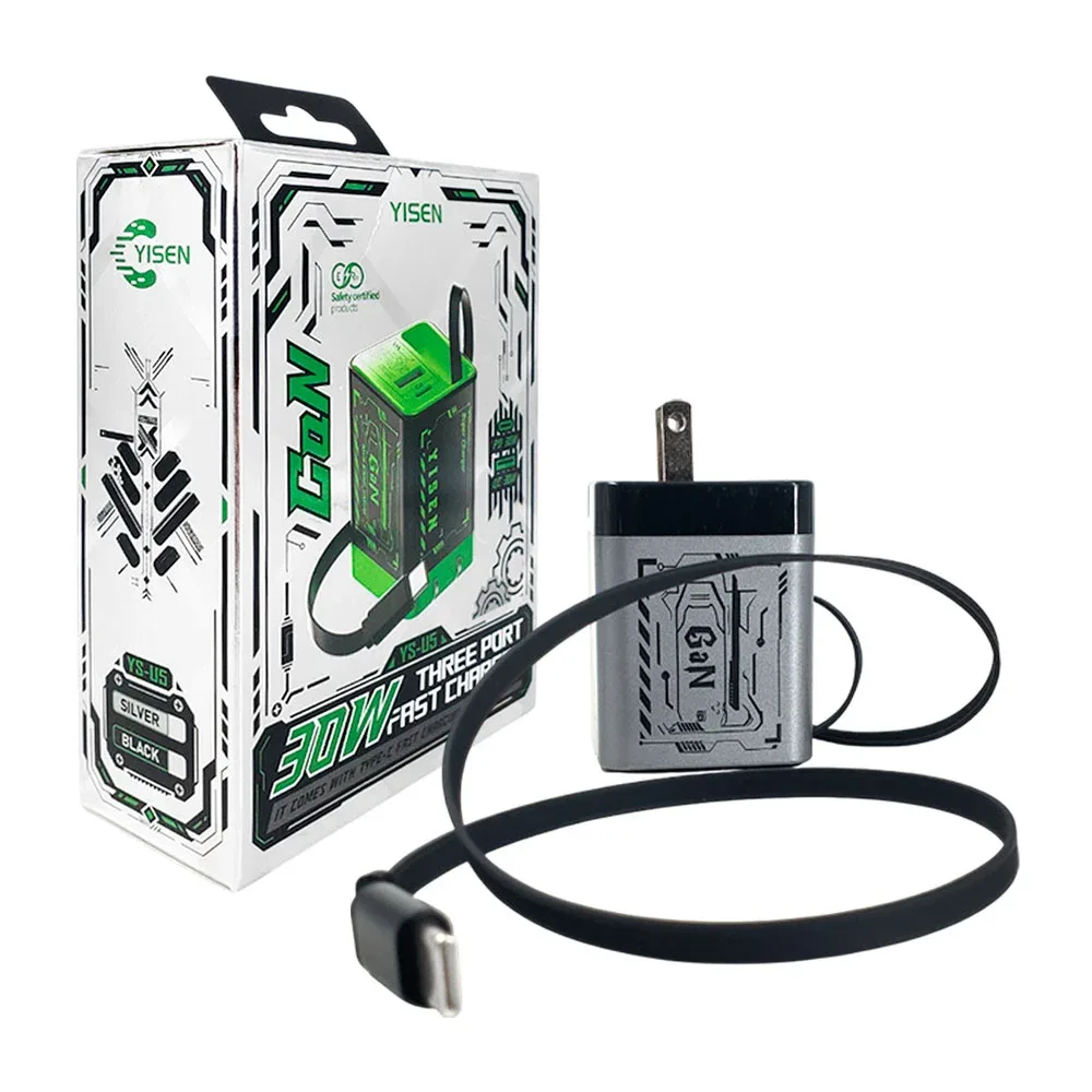 Cubo cargador 30w carga rápida, doble puerto usb, usb-c + cable retráctil tipo c
