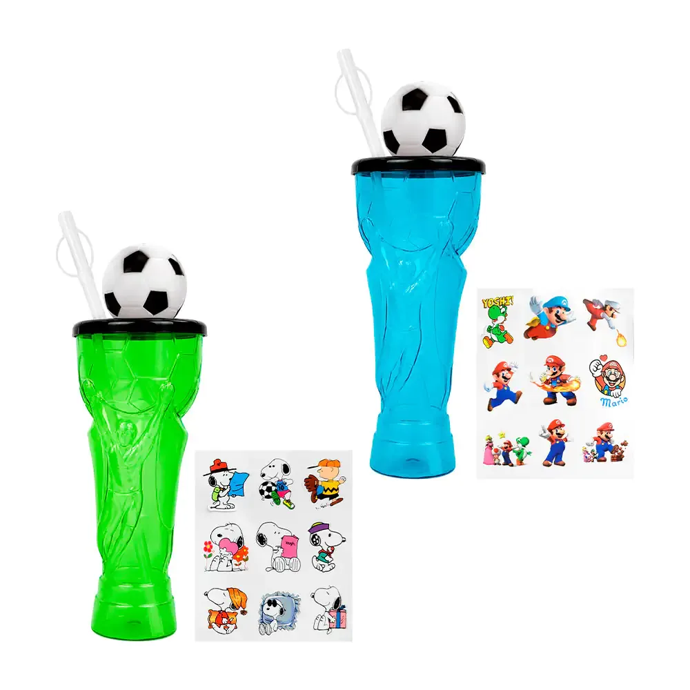 Vaso cilíndrico en forma de copa del mundo con decoración de balón + stickers