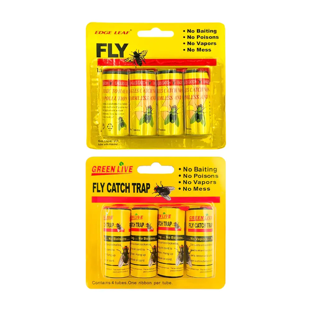Blíster con 4 trampas en tiras con pegamento adhesivo para atrapar moscas / fly lure traps / ly-1