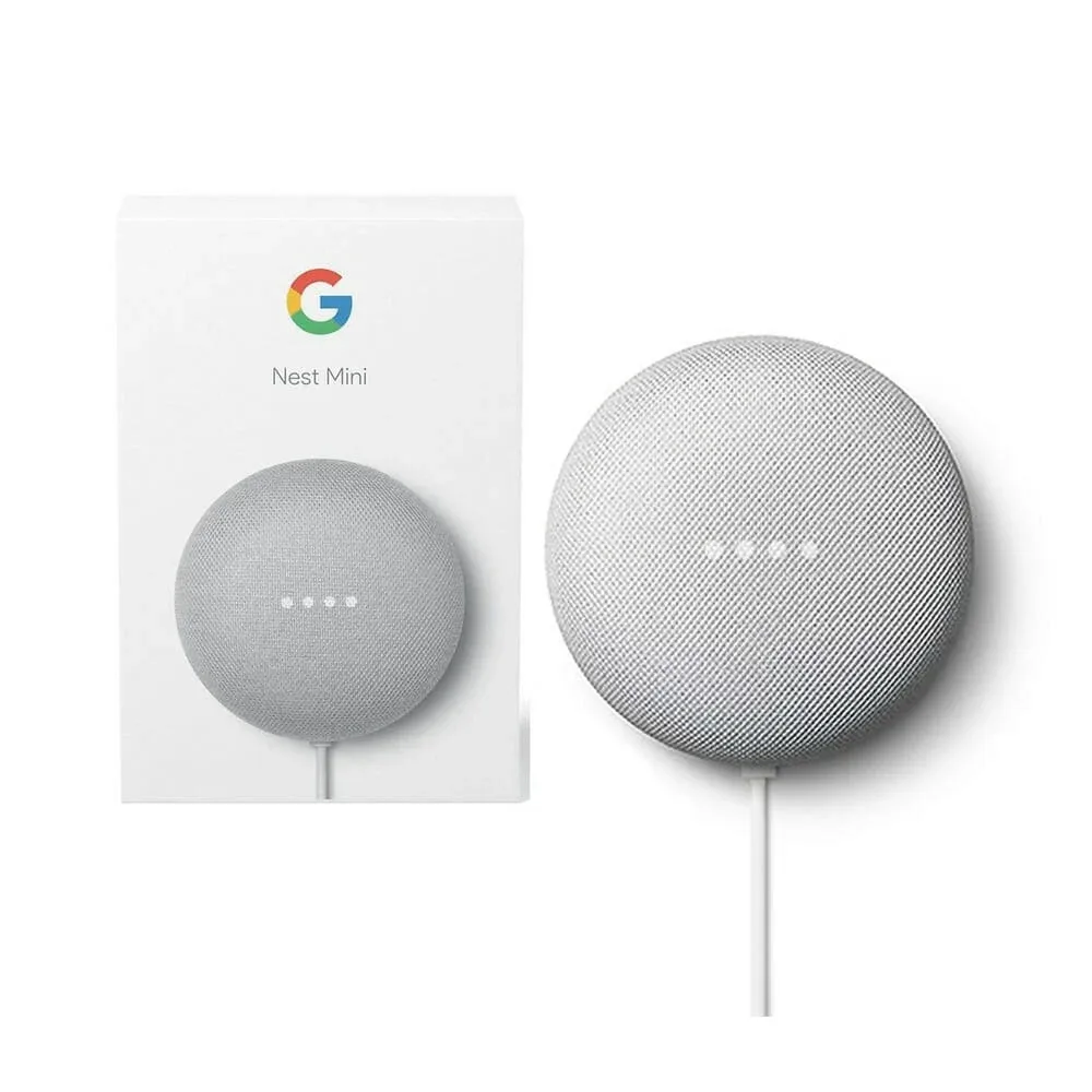 1pza Bocina / asistente inteligente para el hogar, circular, con cuerpo tipo mallado en tela e iluminación led en círculos, color gris, variedad de funciones / google / nest mini / home mini