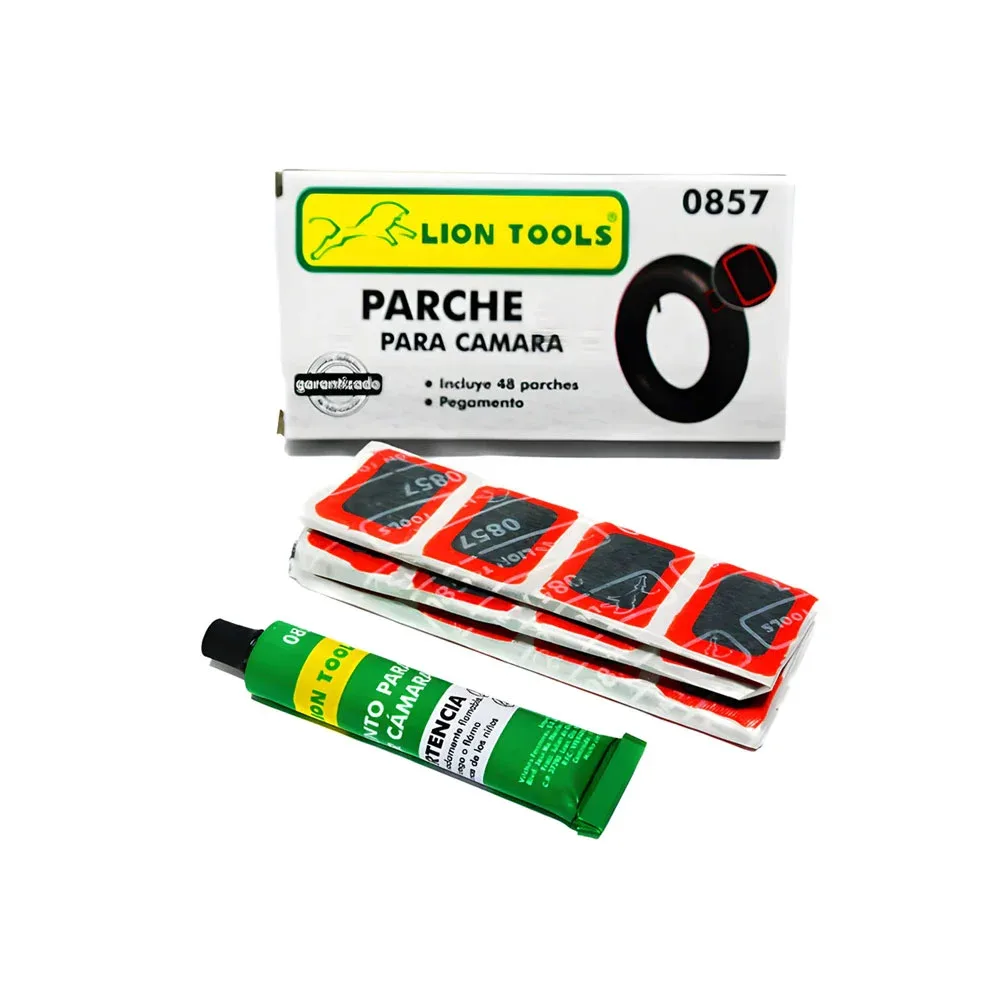 Caja con 48 parches lion tools para cámara de llanta o inflables + pegamento / 0857