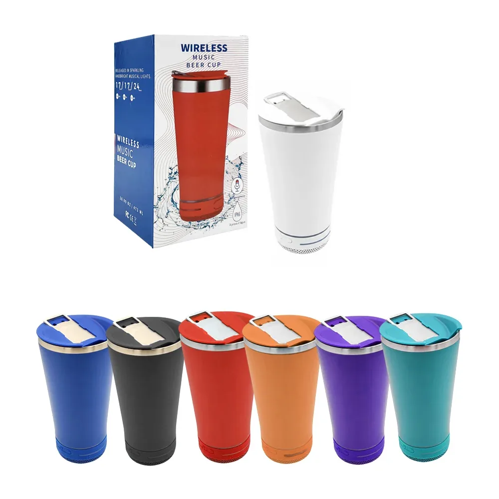Vaso / termo metálico de acero inoxidable con bocina desmontable inalámbrica, luz rgb y capacidad para 473ml, variedad de colores / wireless music beer cup / lu3114