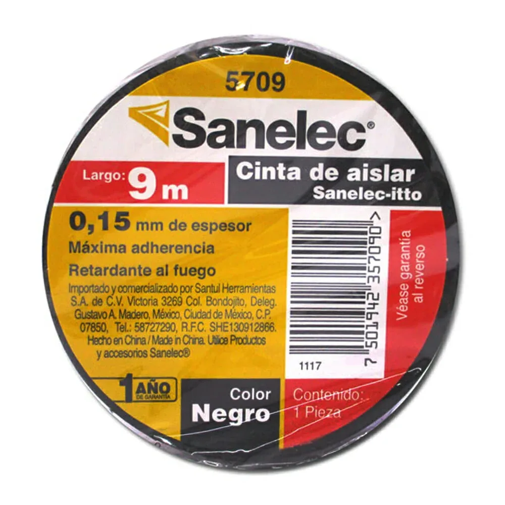 1pza Cinta negra aislante sanelec, 9mx18mm / 5709
