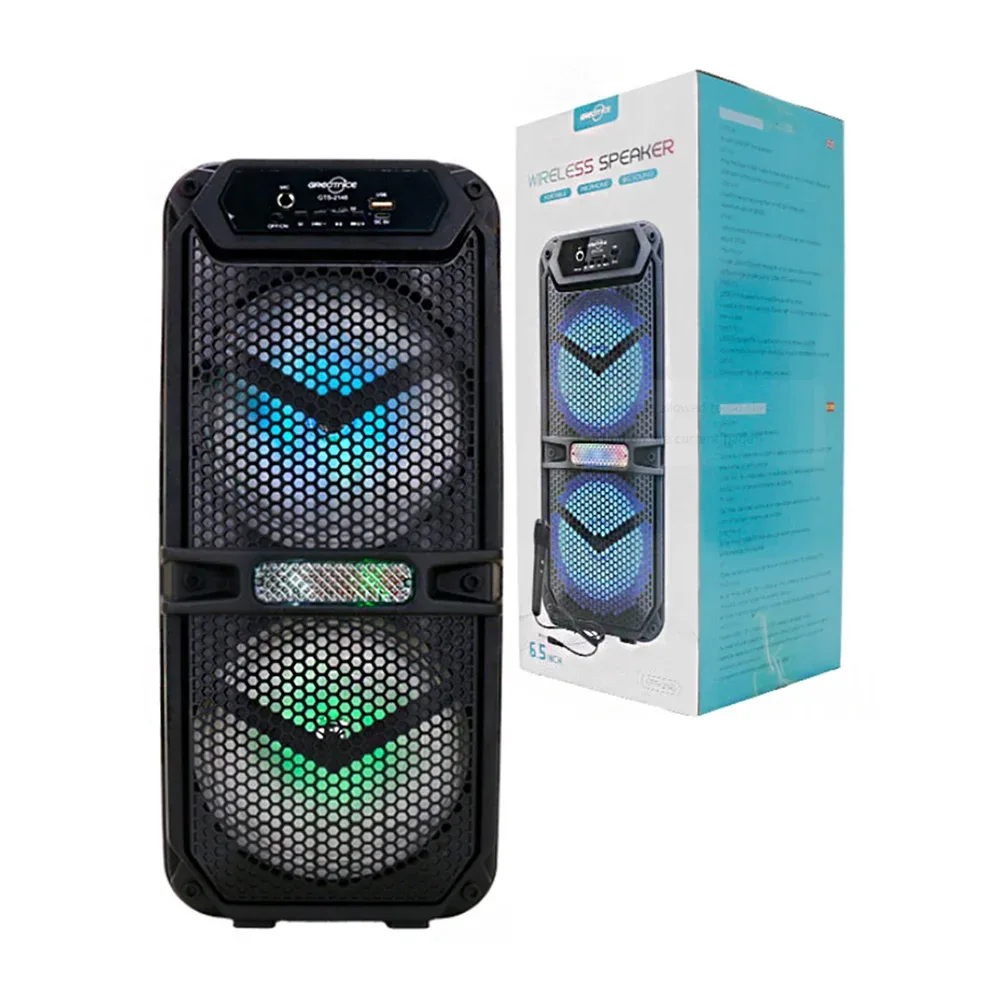 Bocina 6.5in inalámbrica con iluminación rgb, botones de reproducción frontales y micrófono alámbrico