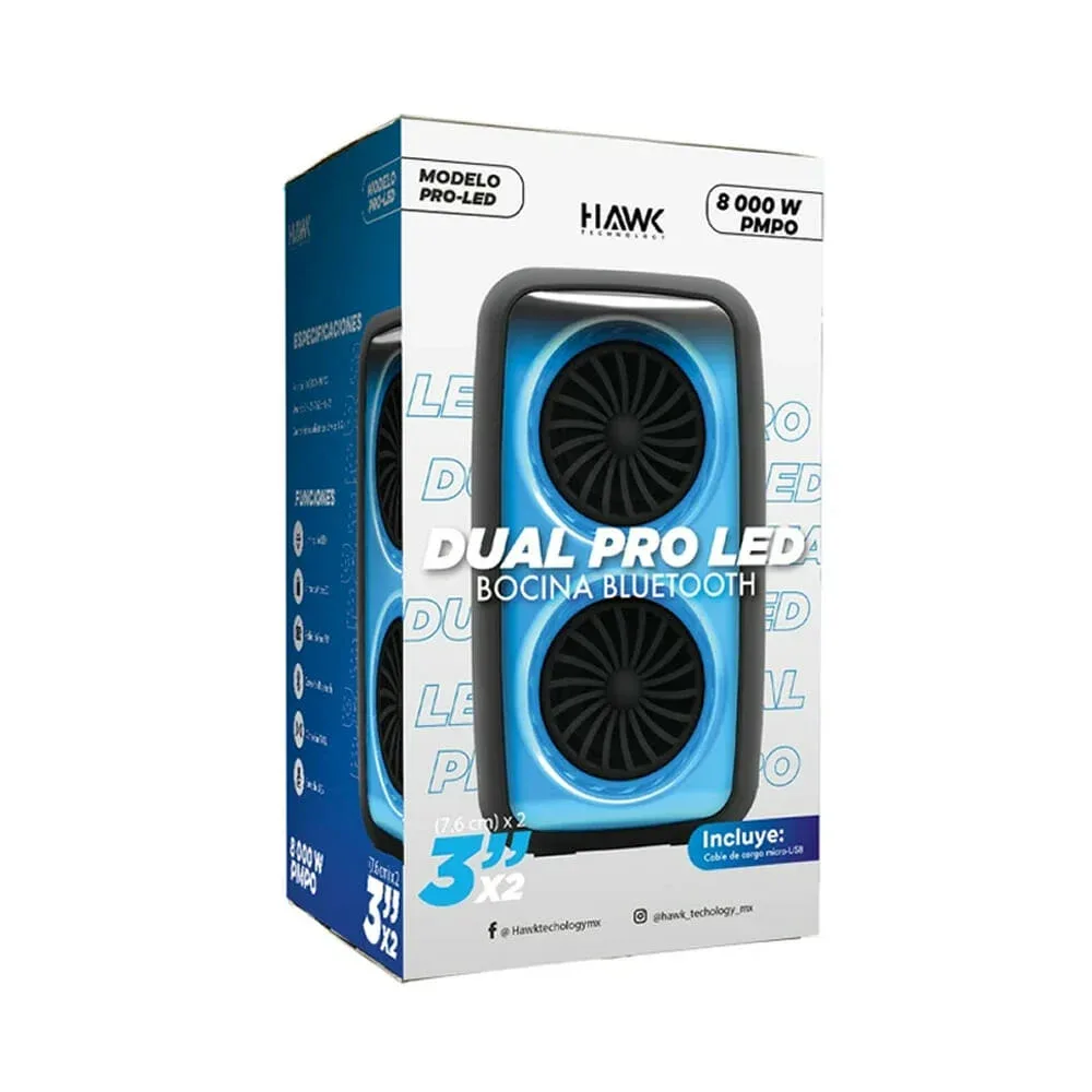 Bocina bluetooth doble 3x2 con luz multicolor, con entrada usb y sd, fm, conexión tws / dual pro-led