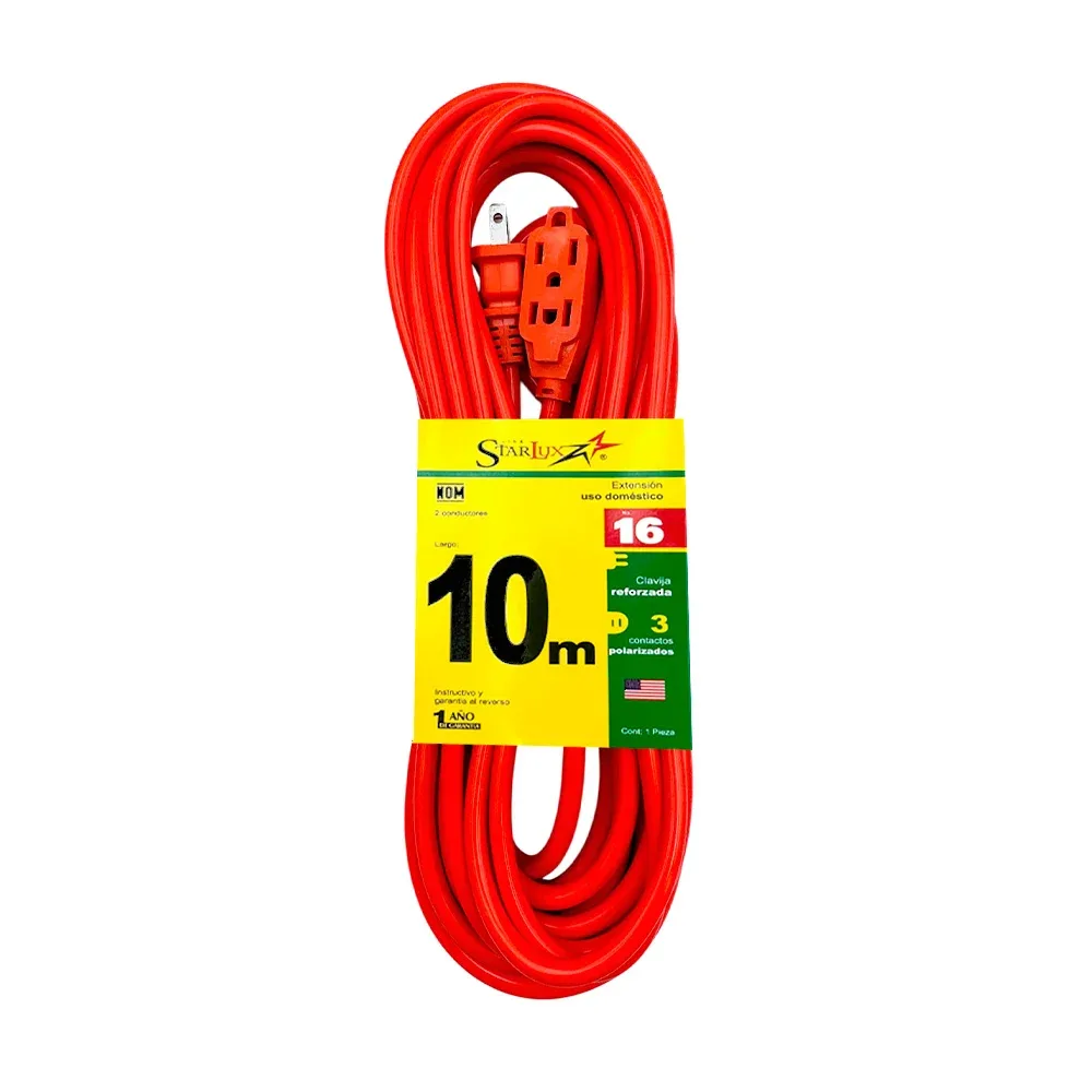 Extensión starlux naranja uso rudo de 10 metros  con 3 contactos / stp-2 / extn10