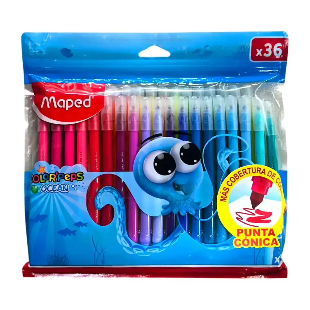 Paquete con 36 plumones delgados maped ocean lavables, variedad de colores
