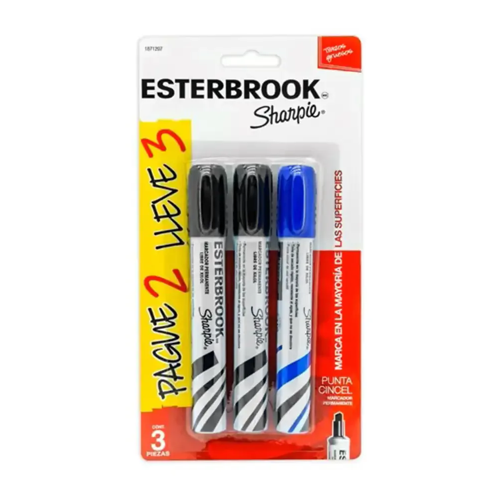 Blíster con 3 marcadores permanentes esterbrook sharpie de punta cincel, variedad de colores / 29977