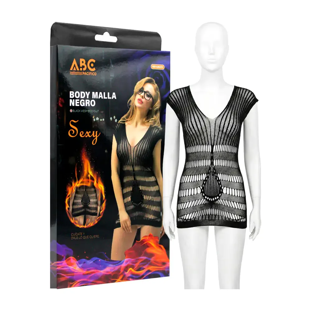 Lenceria red malla tipo vestido con detalles abiertos, color negro unitalla