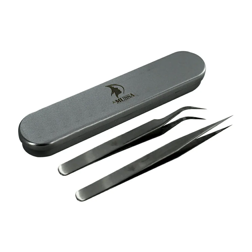 Estuche lémussa con par de pinzas metálicas para aplicación de pestañas postizas / R975
