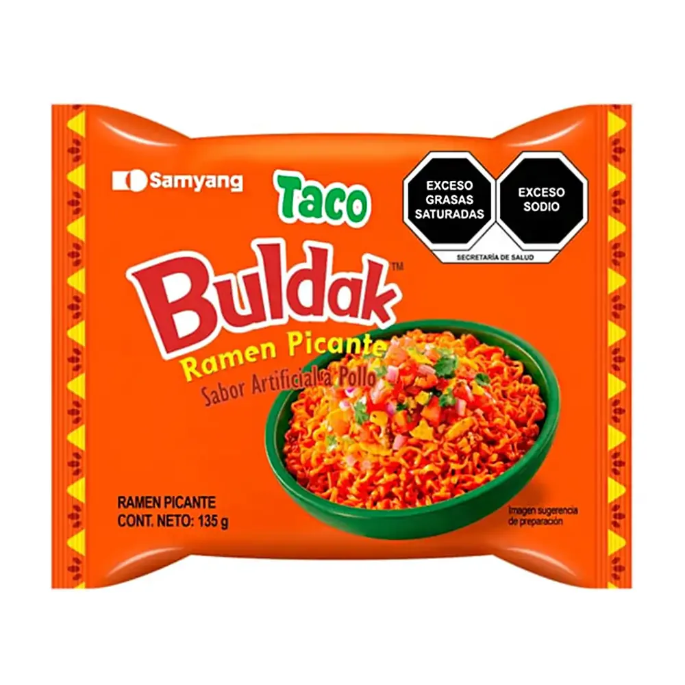 Ramen buldak taco original extra picante sabor pollo, 135g / taco.pica