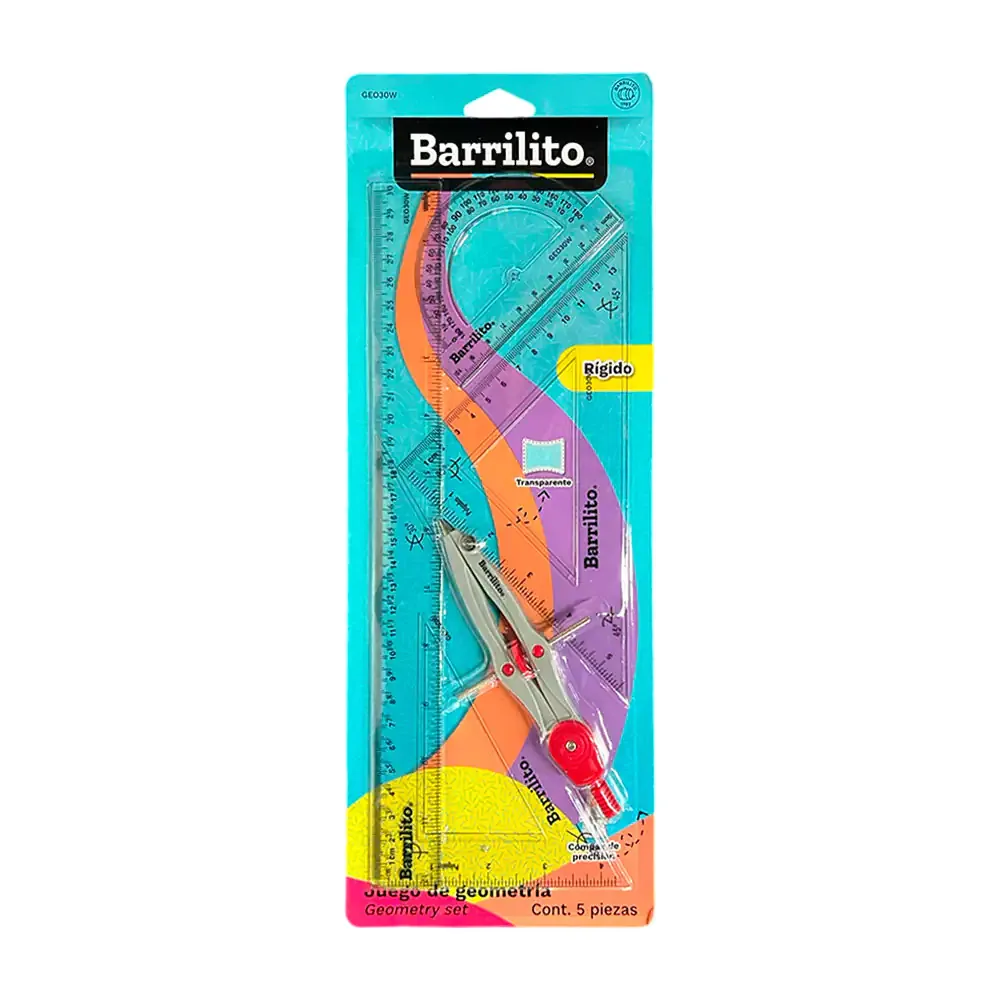 Juego de geometría barrilito, plástico rígido transparente, compás, escuadras, transportador + regla