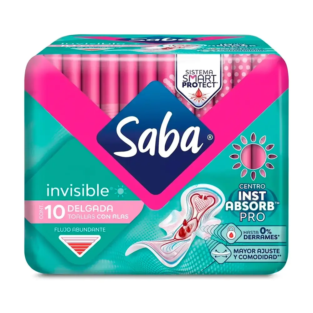 Paquete con 10 toallas femeninas saba invisible delgadas, flujo abundante / 006371
