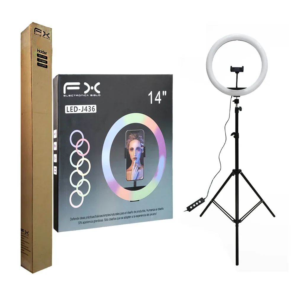 Aro de luz rgb fx de 14 pulgadas con soporte para celular + trípie / led-j436