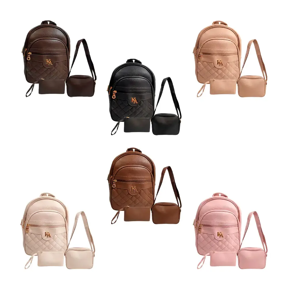 Set de mochila tipo piel kamel reina con diseño capitonado + crossbody y cartera