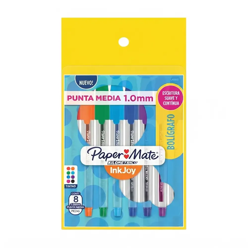 Paquete con 8 plumas paper mate kilométrico con punta de 1mm, variedad de colores