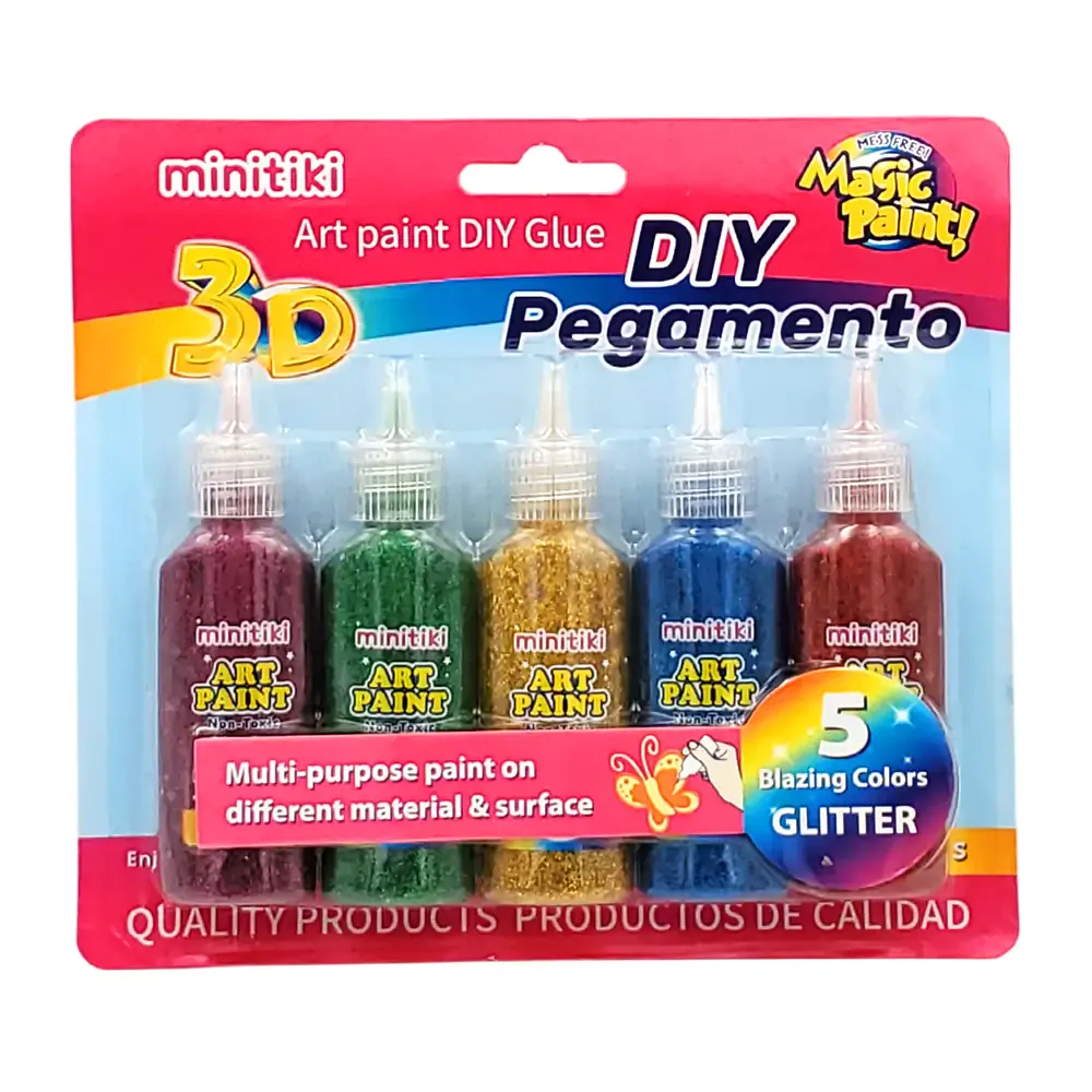 Blíster con 5 pegamentos líquidos de colores con glitter para manualidades, 22ml