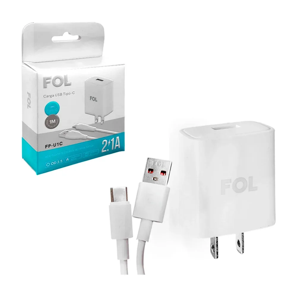 Combo cubo cargador fol de carga rápida con puerto usb + cable con entrada usb a tipo c, 2.1a / fp-u1c