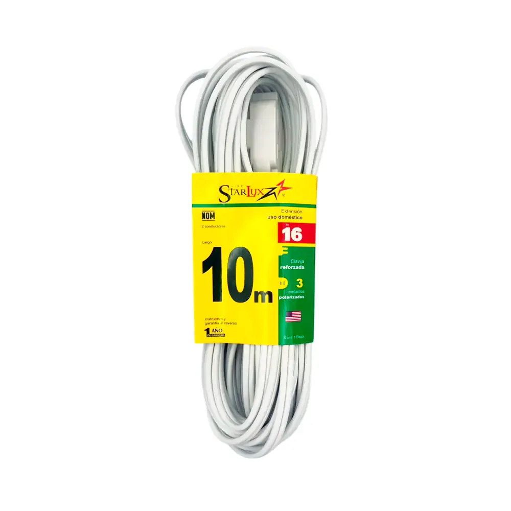 Extensión blanca de 10mts para uso doméstico con 3 conectores y clavija bifásica / extb10 / stp-2