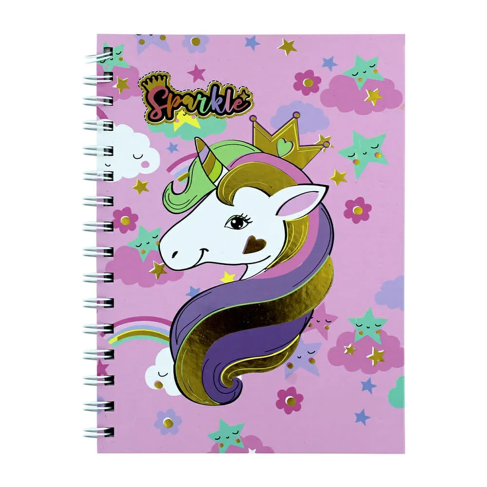 Cuaderno libreta sparkle con espiral metálico y 80 hojas páginas en cuadrícula pequeña, variedad de diseños / 712593