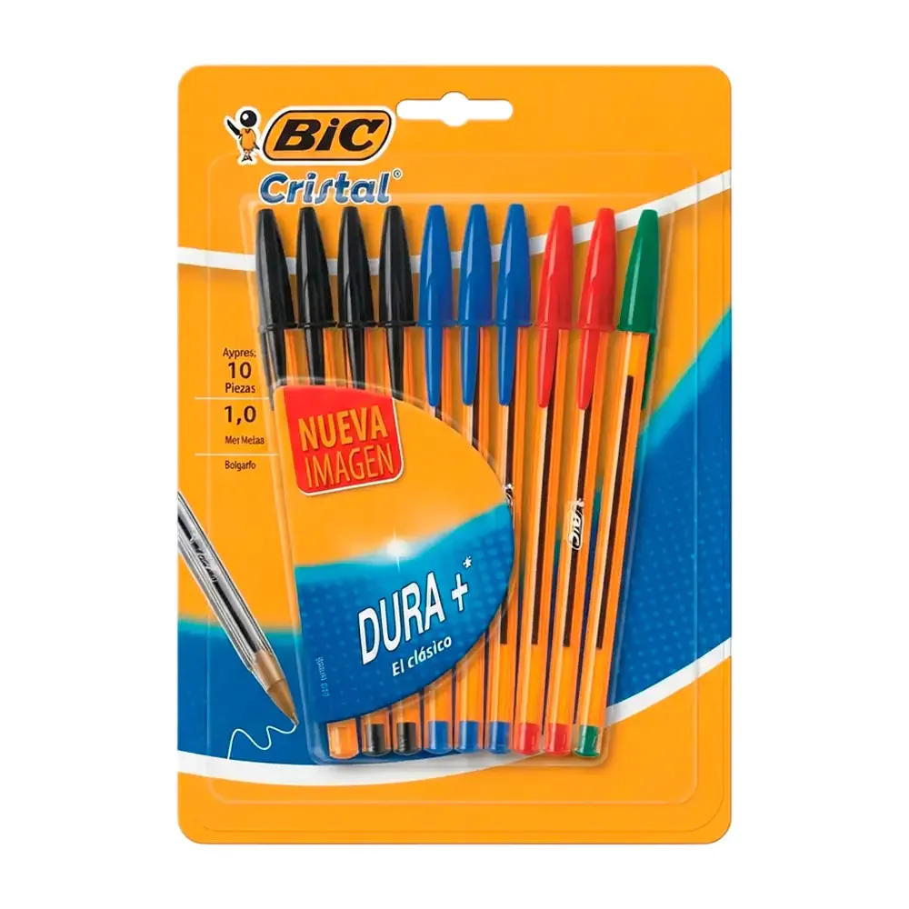 Blíster con 10 plumas bic cristal en punta mediana de 1.0mm, 4 tonos distintos / 17373