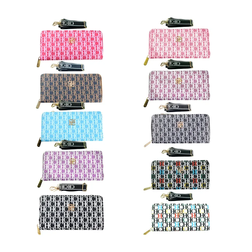 Cartera larga de mano para dama + correa con estampado ch, variedad de colores
