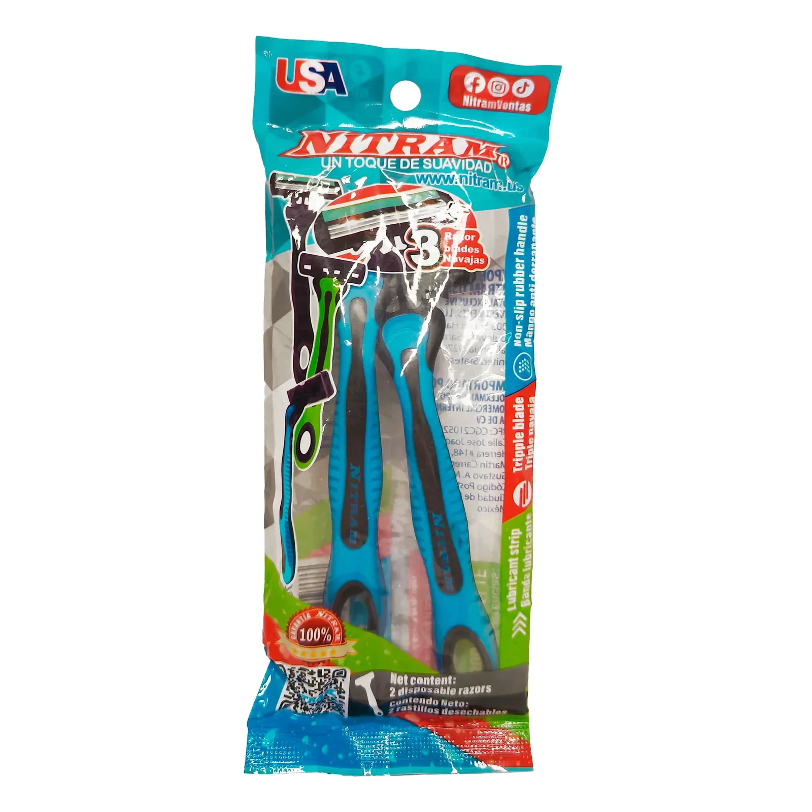 Blíster de 2 rastrillos plásticos, con triple navaja metálica