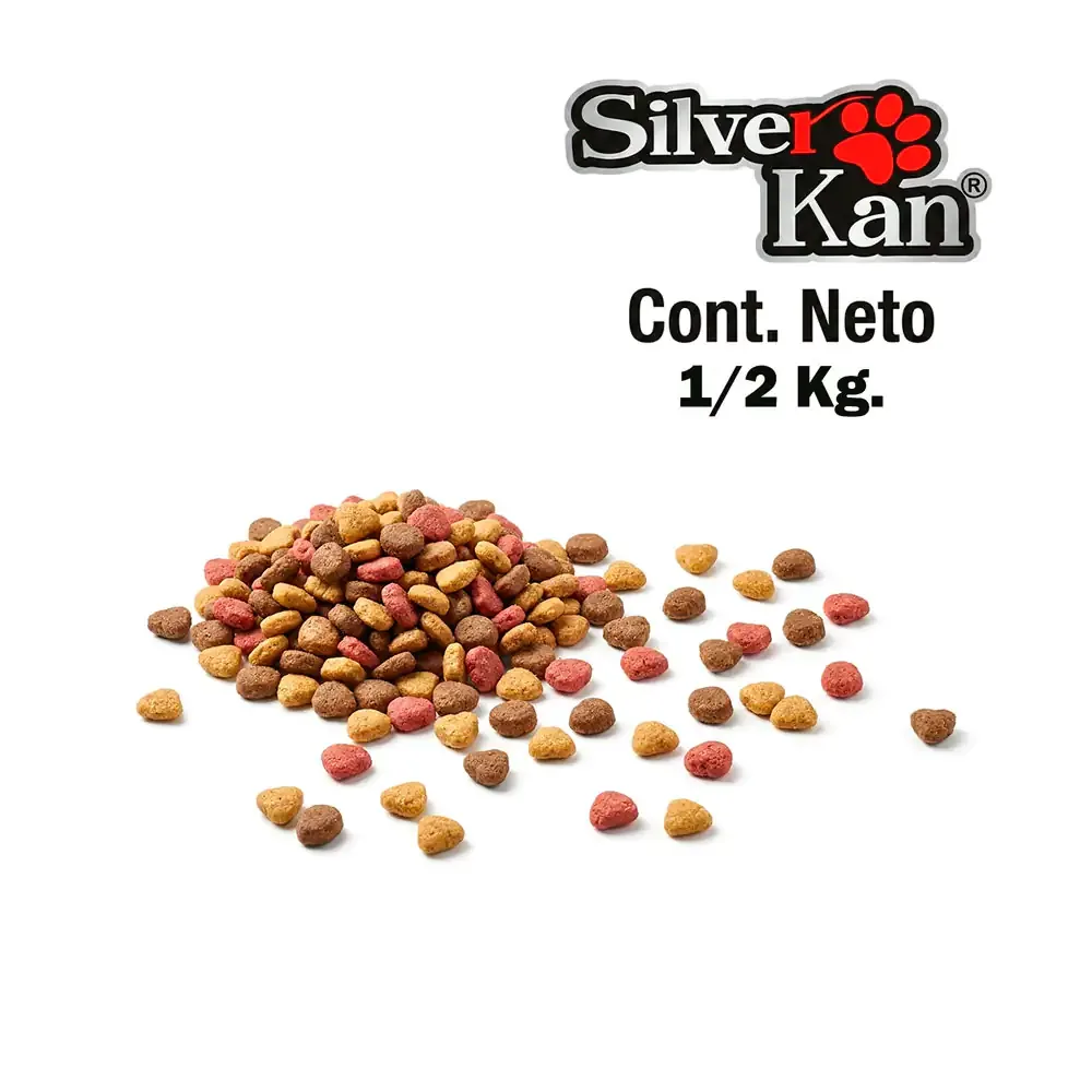 Medio kilo de croquetas silver kan para perros adultos de todo tipo de razas, alimento balanceado