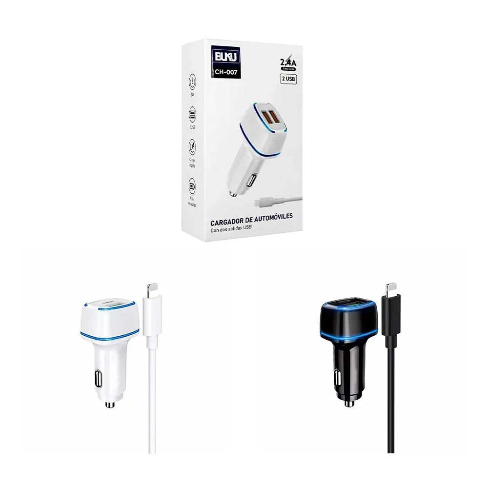 Combo cargador plug usb buku con entrada v8, tipo c o iphone lightning / ch-007