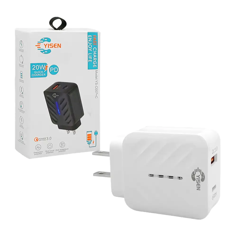 Cubo cargador de carga rápida, 20w con entrada tipo usb y tipo c con luz