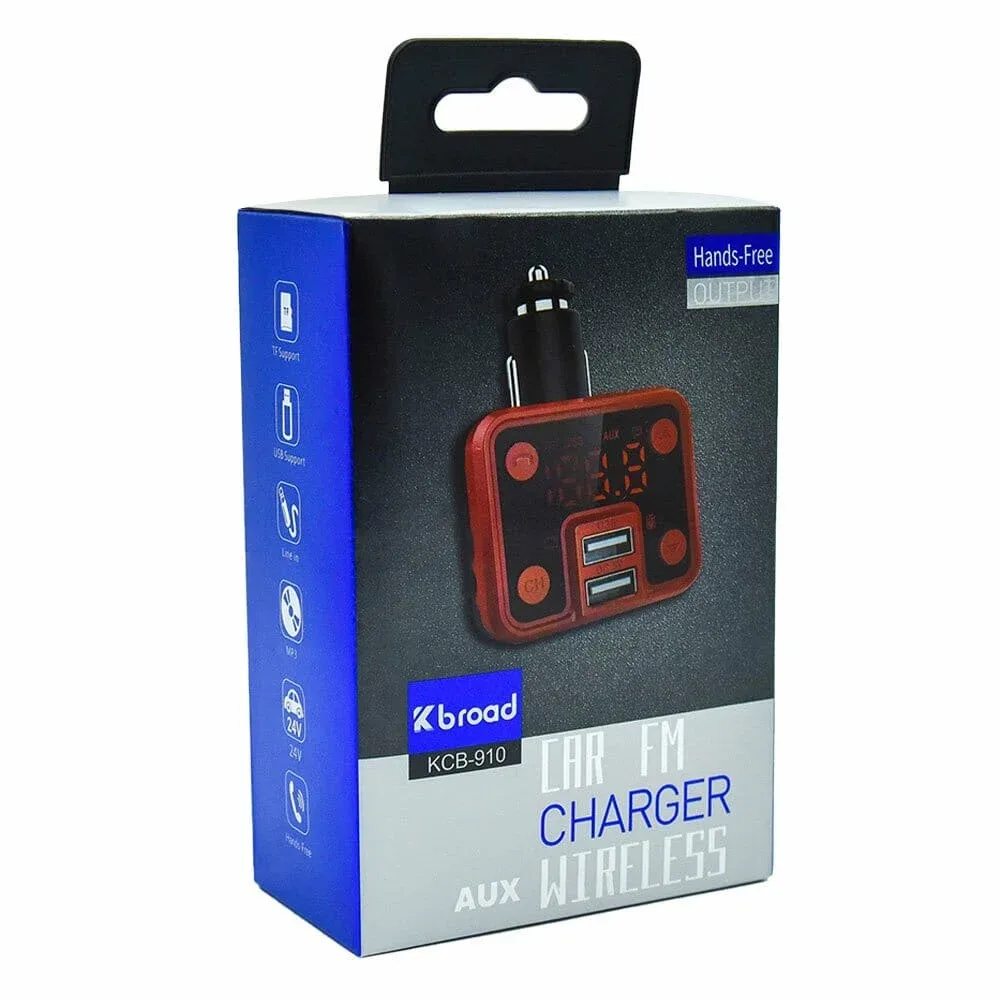 Transmisor fm bluetooth para carro con control de música, pantalla digital, 2 puertos usb, tf y auxiliar, variedad de colores / kcb-910