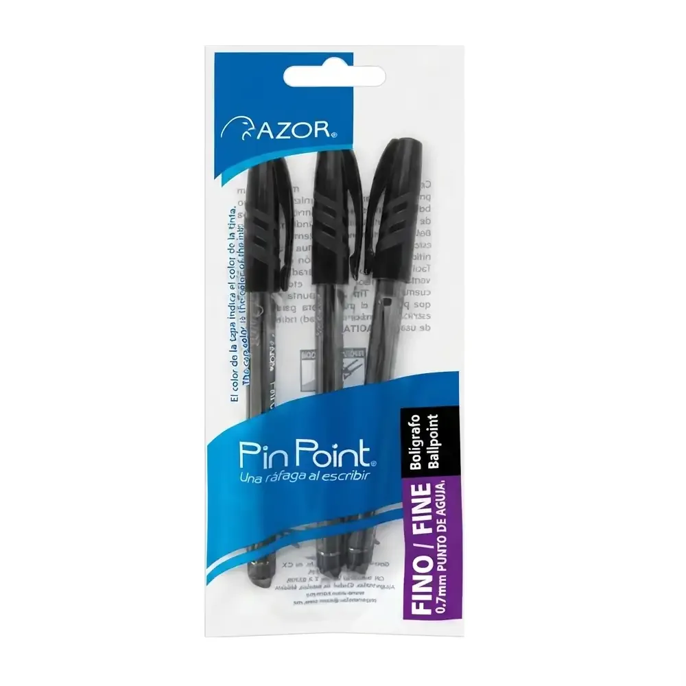 Paquete con 3 plumas bolígrafos azor pin point color negro de punto fino, 0.7mm