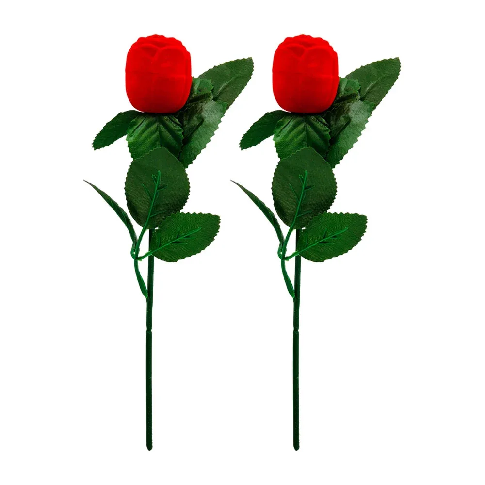 Caja con 2 rosas porta anillo, terciopelo, con hojas, 25cm / qr-1021