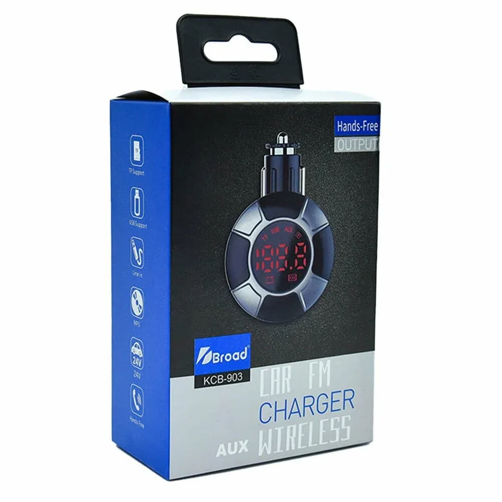 Transmisor fm bluetooth para carro con función de llamadas, cargar dispositivos y reproducir música, puertos usb, tf y auxiliar / kcb-903