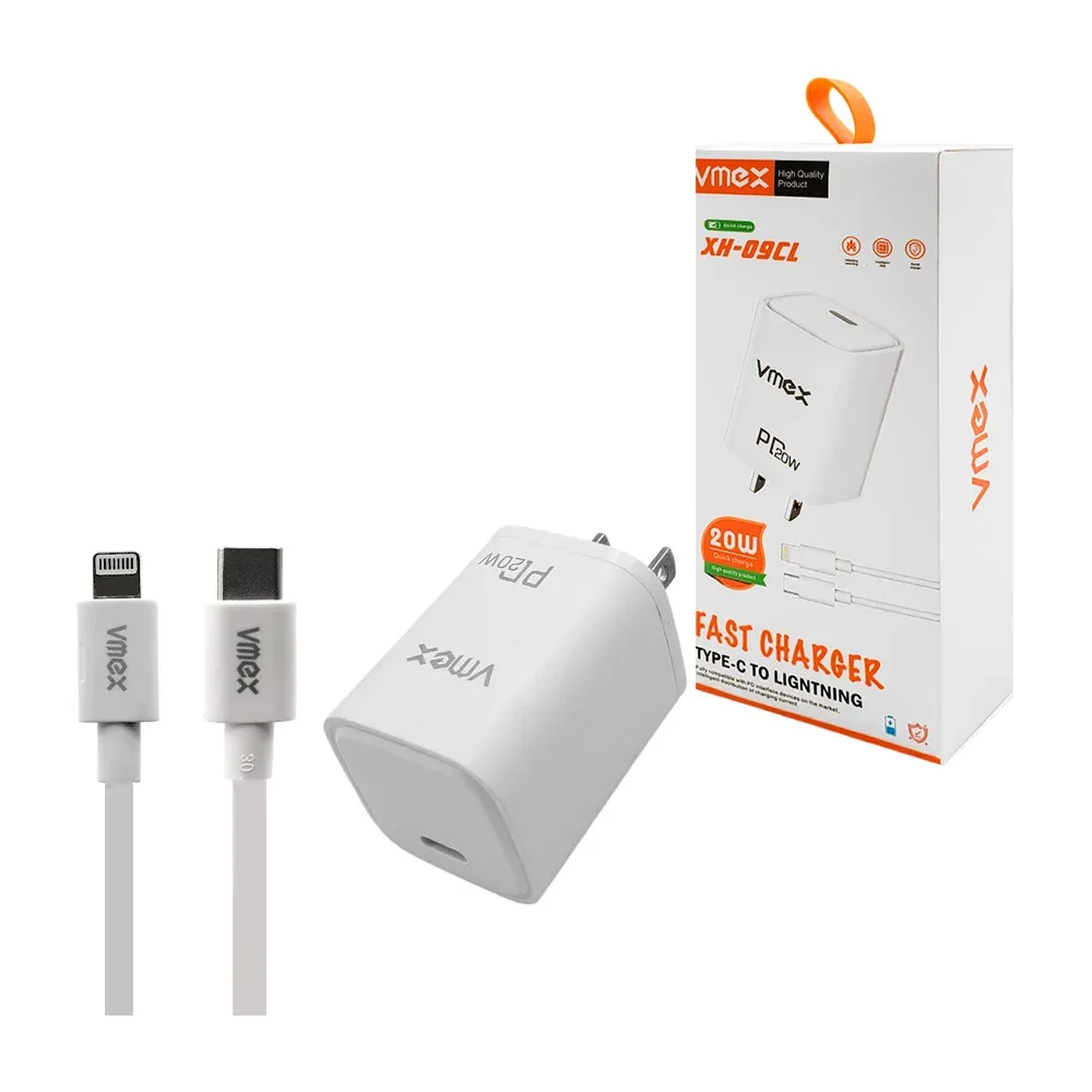 Combo cargador vmex, carga rápida 20w, salida usb-c, cable 1m tipo c a lightning