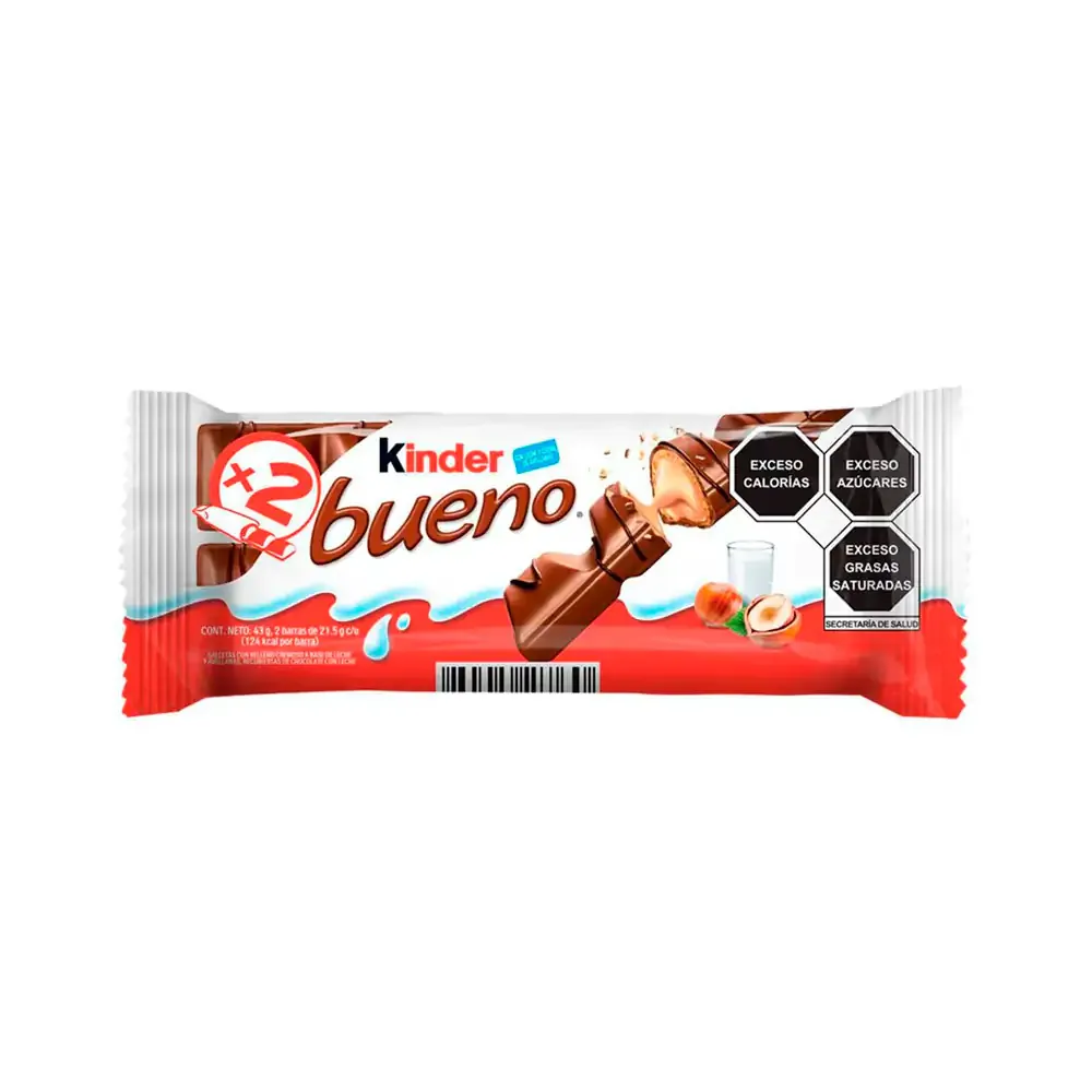 1pza Kinder bueno x2 con relleno cremoso de avellana, 43g / kinder.b