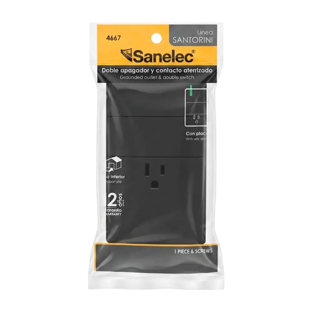 Placa santorini con 2 apagador sencillos + 1 contacto color negro, sanelec