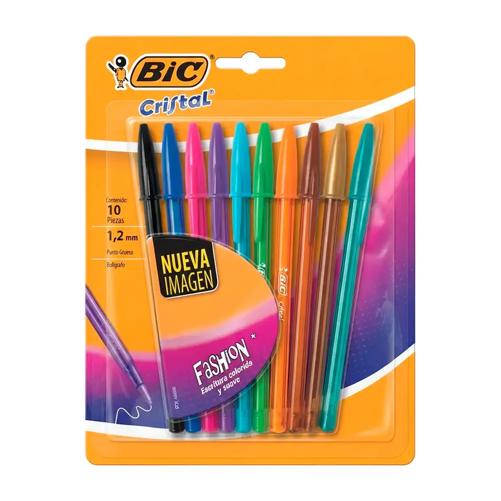 Blíster con 10 plumas bolígrafos bic cristal fashion de punto grueso, variedad de colores